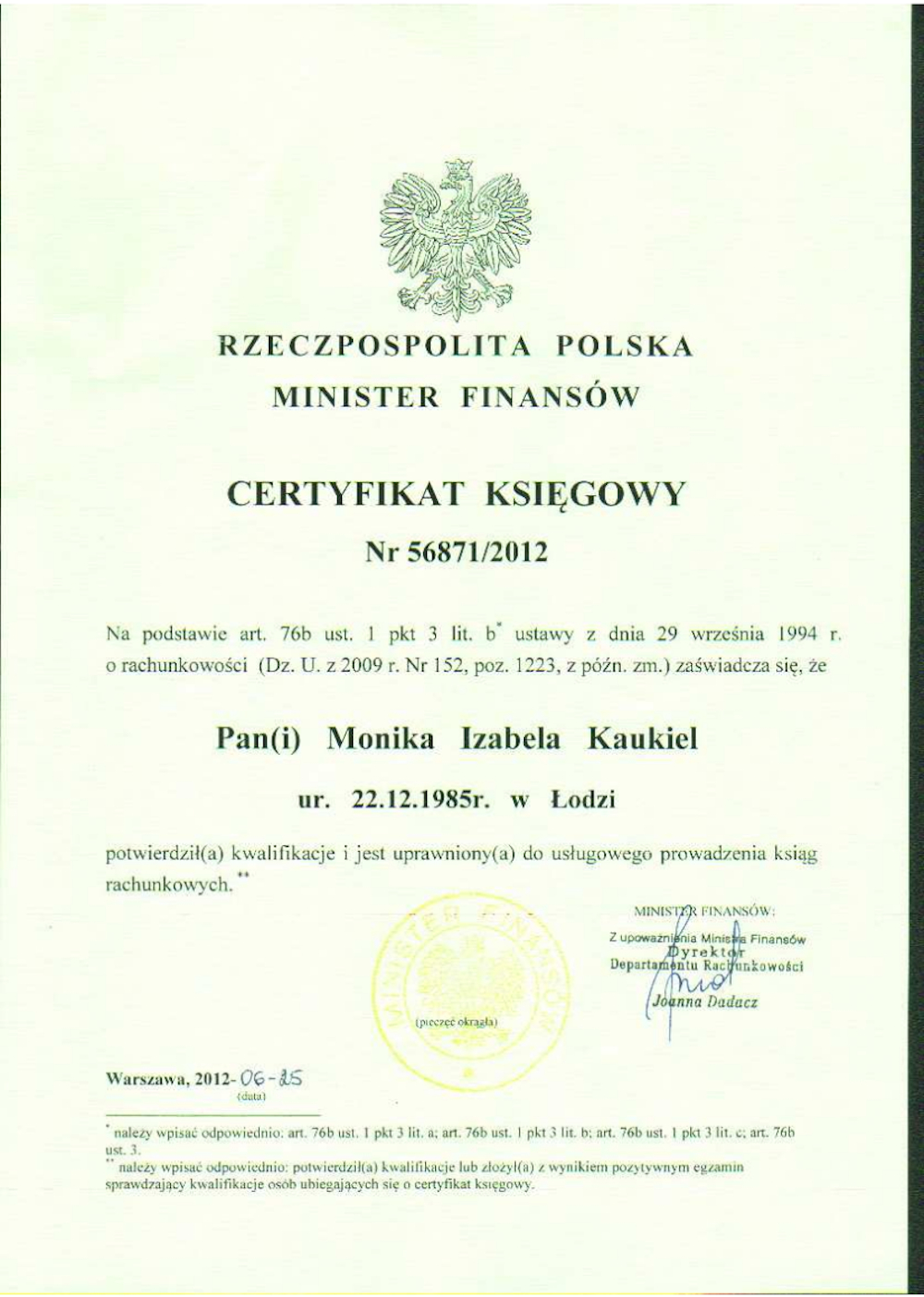 certyfikat księgowa M Kaukiel Egida